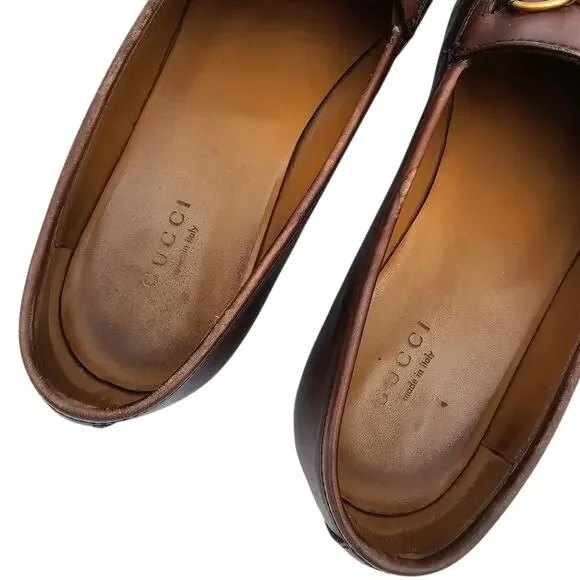 Gucci Jordaan Horsebit Flat Loafer Brown Leather Gold Slip On Size 38 US 8 - Picture 10 of 13